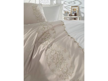 Elegance Embroidered Cotton Satin Duvet Cover Set Cream Cappucino - Thumbnail