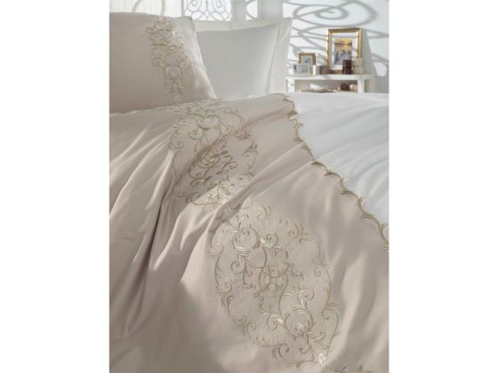 Elegance Embroidered Cotton Satin Duvet Cover Set Cream Cappucino