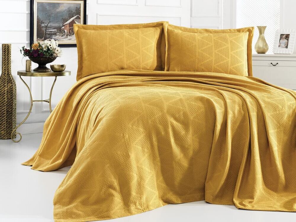 Elegant Double Bed Cover Set Mustard - Thumbnail