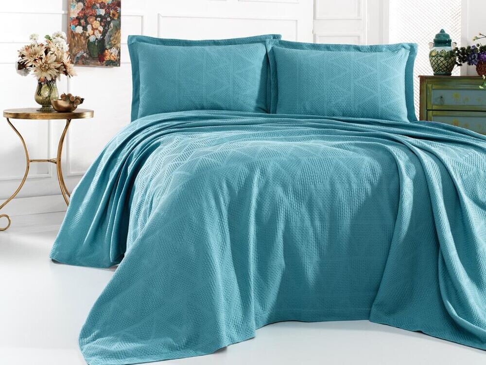 Elegant Double Bed Cover Set Turquoise - Thumbnail