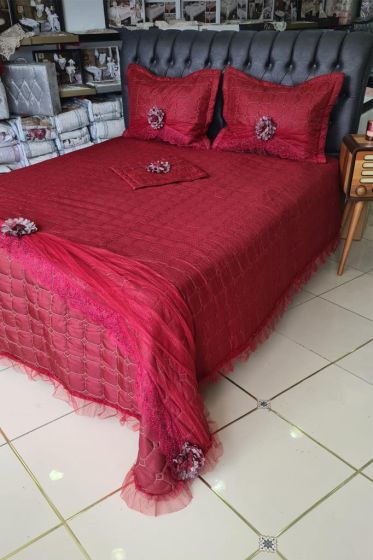 Elegant Cotton Bedspread Set 4pcs, Coverlet 260x260 with Pillowcase,Full Bed, Double Size Burgundy