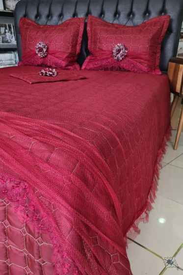 Elegant Cotton Bedspread Set 4pcs, Coverlet 260x260 with Pillowcase,Full Bed, Double Size Burgundy