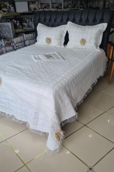 Elegant Cotton Bedspread Set 4pcs, Coverlet 260x260 with Pillowcase,Full Bed, Double Size Cream