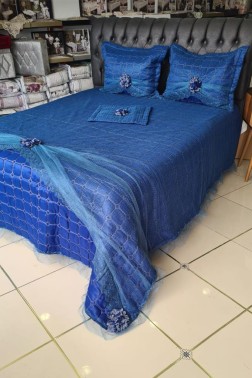 Elegant Cotton Bedspread Set 4pcs, Coverlet 260x260 with Pillowcase,Full Bed, Double Size Navy Blue - Thumbnail