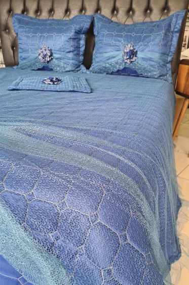 Elegant Cotton Bedspread Set 4pcs, Coverlet 260x260 with Pillowcase,Full Bed, Double Size Navy Blue