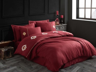 Elegant Embroidered Cotton Satin Double Duvet Cover Set Olympos Claret Red - Thumbnail