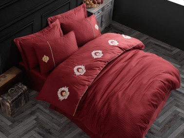 Elegant Embroidered Cotton Satin Double Duvet Cover Set Olympos Claret Red - Thumbnail