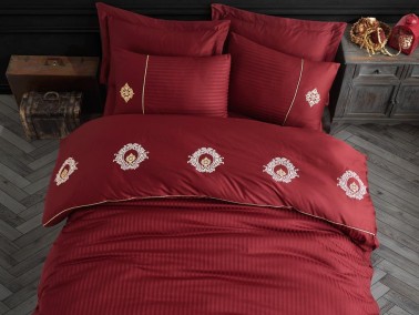 Elegant Embroidered Cotton Satin Double Duvet Cover Set Olympos Claret Red - Thumbnail