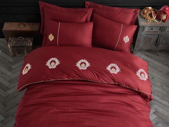 Elegant Embroidered Cotton Satin Double Duvet Cover Set Olympos Claret Red