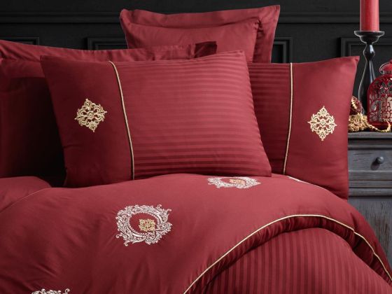 Elegant Embroidered Cotton Satin Double Duvet Cover Set Olympos Claret Red