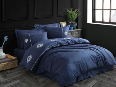 Elegant Embroidered Cotton Satin Double Duvet Cover Set Olimpos Navy Blue - Thumbnail