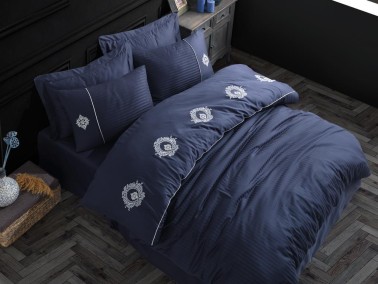 Elegant Embroidered Cotton Satin Double Duvet Cover Set Olimpos Navy Blue - Thumbnail