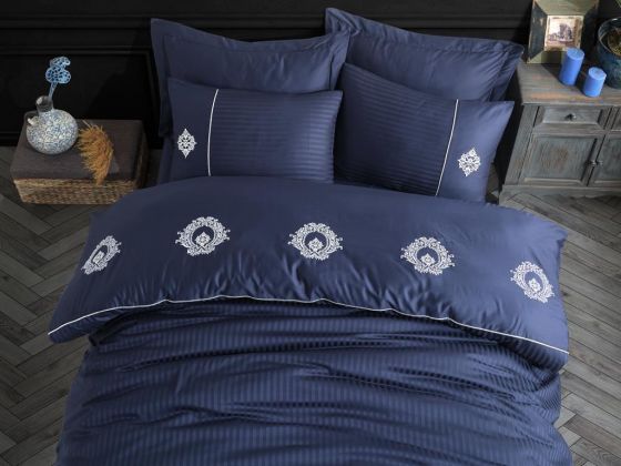 Elegant Embroidered Cotton Satin Double Duvet Cover Set Olimpos Navy Blue