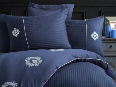 Elegant Embroidered Cotton Satin Double Duvet Cover Set Olimpos Navy Blue - Thumbnail