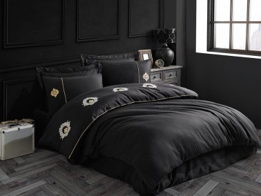 Elegant Embroidered Cotton Satin Double Duvet Cover Set Olimpos Black - Thumbnail