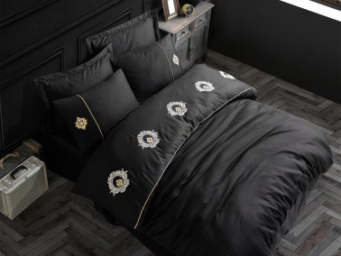 Elegant Embroidered Cotton Satin Double Duvet Cover Set Olimpos Black - Thumbnail