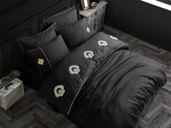 Elegant Embroidered Cotton Satin Double Duvet Cover Set Olimpos Black
