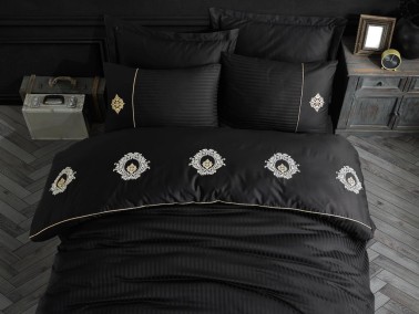 Elegant Embroidered Cotton Satin Double Duvet Cover Set Olimpos Black - Thumbnail