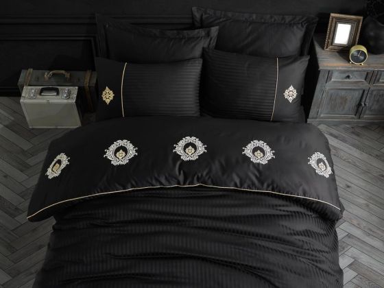 Elegant Embroidered Cotton Satin Double Duvet Cover Set Olimpos Black