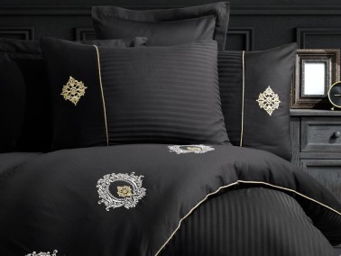 Elegant Embroidered Cotton Satin Double Duvet Cover Set Olimpos Black - Thumbnail