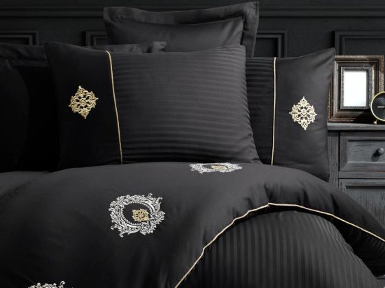 Elegant Embroidered Cotton Satin Double Duvet Cover Set Olimpos Black