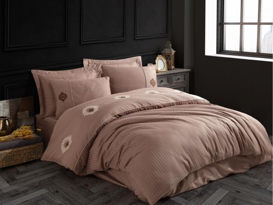 Elegant Embroidered Cotton Satin Double Duvet Cover Set Olympos Milk Brown