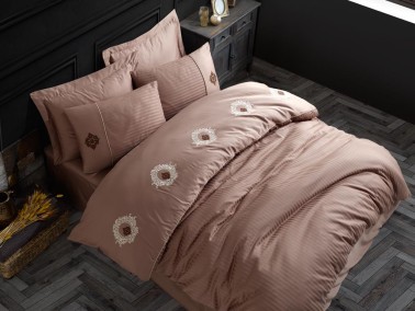 Elegant Embroidered Cotton Satin Double Duvet Cover Set Olympos Milk Brown - Thumbnail