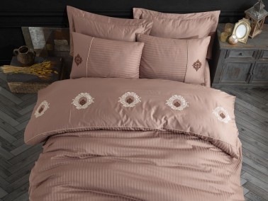 Elegant Embroidered Cotton Satin Double Duvet Cover Set Olympos Milk Brown - Thumbnail