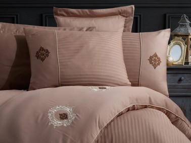 Elegant Embroidered Cotton Satin Double Duvet Cover Set Olympos Milk Brown - Thumbnail