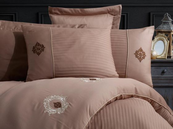 Elegant Embroidered Cotton Satin Double Duvet Cover Set Olympos Milk Brown