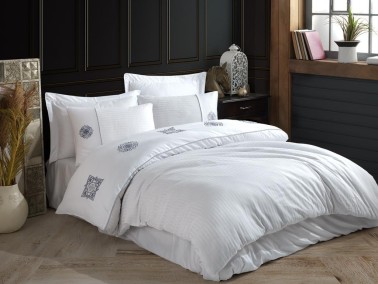 Elegant Embroidered Cotton Satin Double Duvet Cover Set Zeugma White - Thumbnail