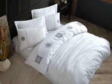 Elegant Embroidered Cotton Satin Double Duvet Cover Set Zeugma White - Thumbnail