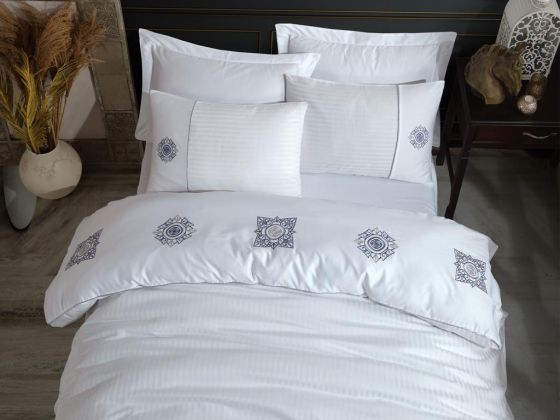 Elegant Embroidered Cotton Satin Double Duvet Cover Set Zeugma White