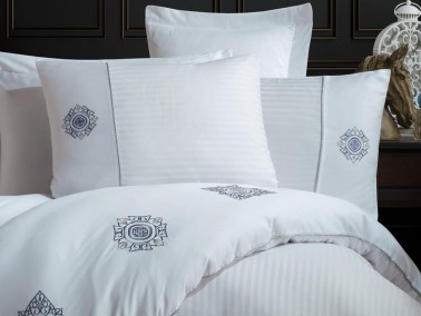 Elegant Embroidered Cotton Satin Double Duvet Cover Set Zeugma White - Thumbnail