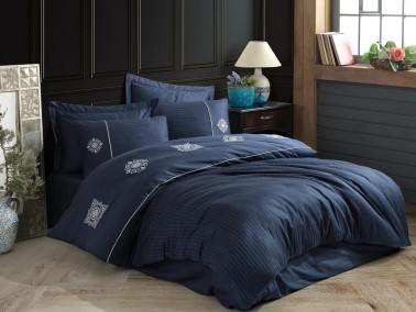 Elegant Embroidered Cotton Satin Double Duvet Cover Set Zeugma Navy Blue - Thumbnail