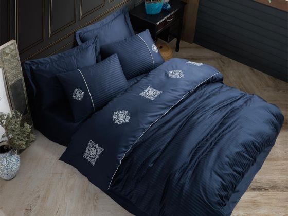 Elegant Embroidered Cotton Satin Double Duvet Cover Set Zeugma Navy Blue