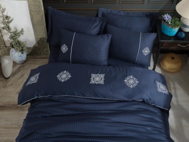 Elegant Embroidered Cotton Satin Double Duvet Cover Set Zeugma Navy Blue - Thumbnail