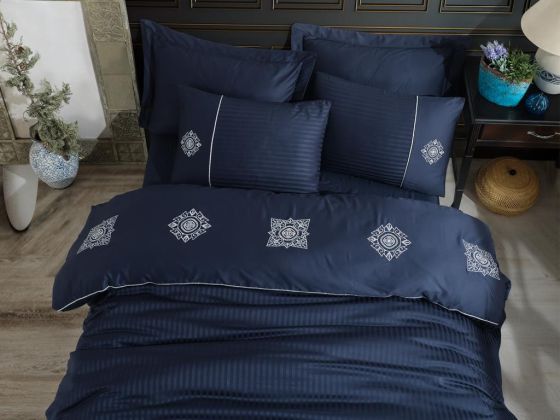 Elegant Embroidered Cotton Satin Double Duvet Cover Set Zeugma Navy Blue