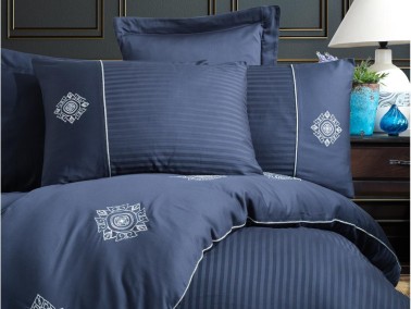 Elegant Embroidered Cotton Satin Double Duvet Cover Set Zeugma Navy Blue - Thumbnail