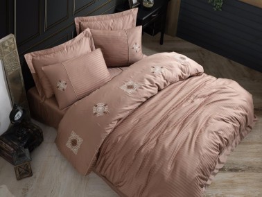 Elegant Embroidered Cotton Satin Double Duvet Cover Set Zeugma Milk Brown - Thumbnail