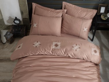 Elegant Embroidered Cotton Satin Double Duvet Cover Set Zeugma Milk Brown - Thumbnail