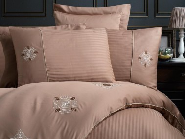 Elegant Embroidered Cotton Satin Double Duvet Cover Set Zeugma Milk Brown - Thumbnail