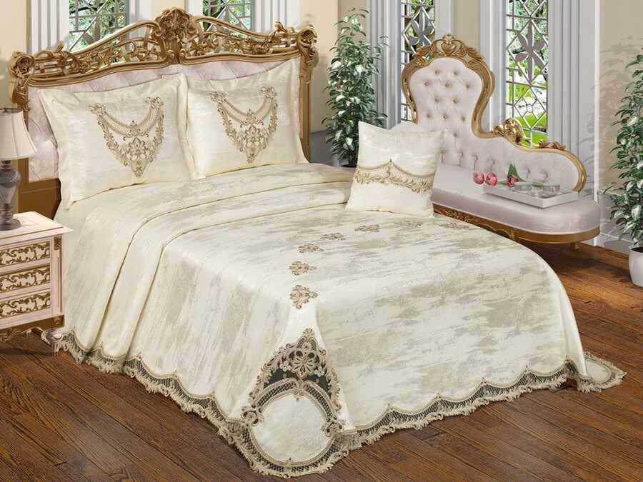 Elfin طقم غطاء سرير مزدوج من قماش الجاكار لون كريمي - Thumbnail