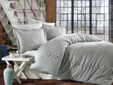 Elina Embroidered Cotton Satin Duvet Cover Set Cream Gray - Thumbnail