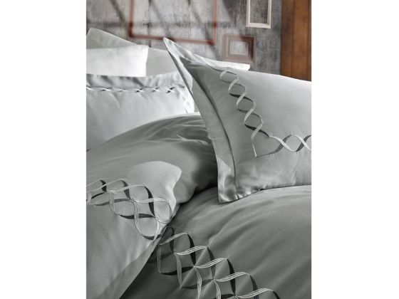 Elina Embroidered Cotton Satin Duvet Cover Set Cream Gray