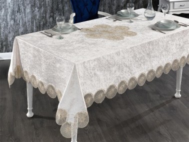 Elis French Guipure Velvet Table Cloth Cappucino - Thumbnail