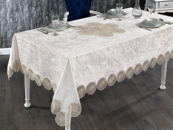 Elis French Guipure Velvet Table Cloth Cappucino