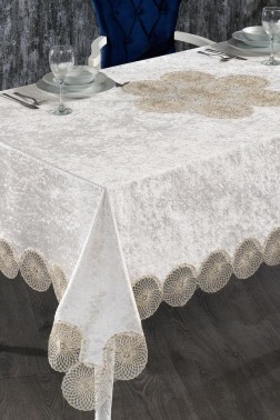 Elis French Guipure Velvet Table Cloth Cappucino - Thumbnail