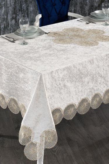 Elis French Guipure Velvet Table Cloth Cappucino