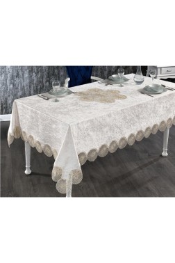 Elis French Guipure Velvet Table Cloth Cappucino - Thumbnail